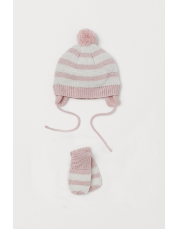 Комплект (шапка, варежки) H&M 86 92см, бело розовый полоска (46848)