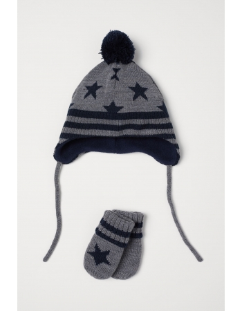 Комплект (шапка, варежки) H&M 86 92см (49), сине серый звезды (62116)